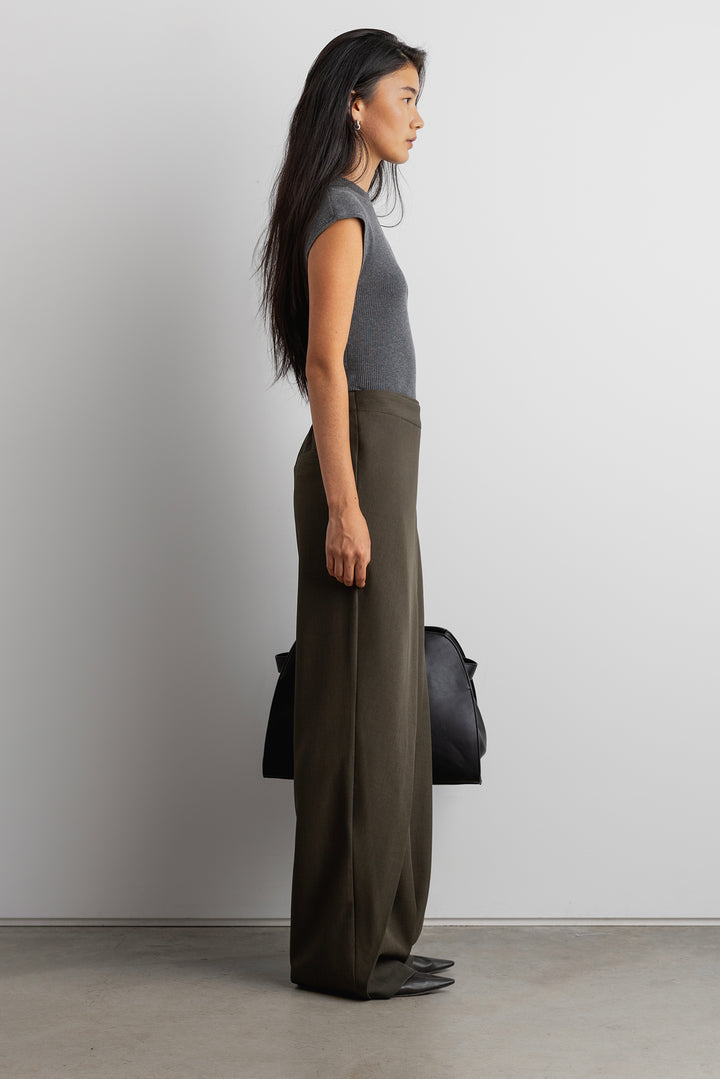SIDE WRAP STRAIGHT LEG PANTS in Dark Olive — alternate angle