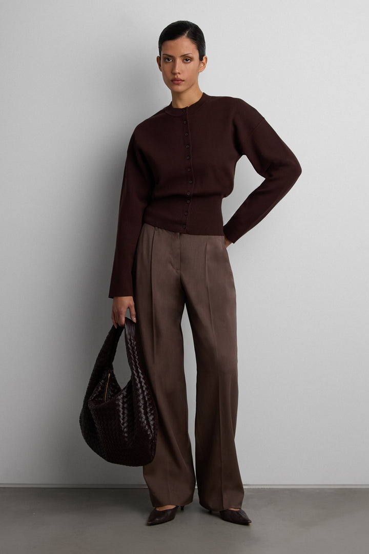 MID-RISE STRAIGHT LEG SINGLE PLEATED TROUSER in Ash Brown — alternate angle