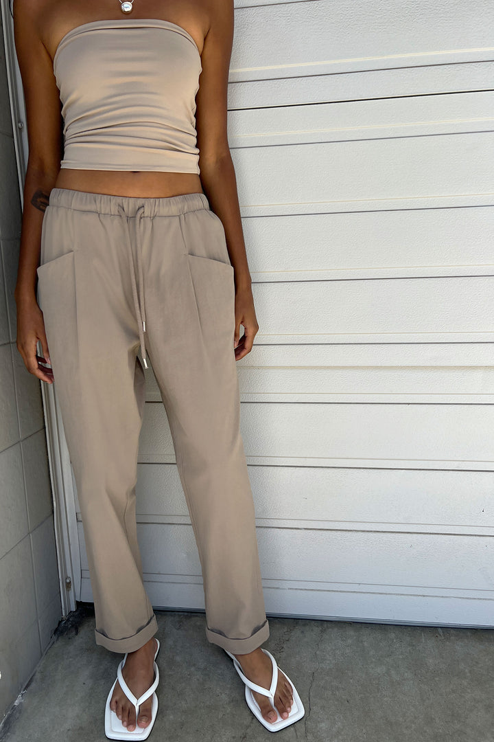 TEXTURED COTTON PANT in Taupe — alternate angle