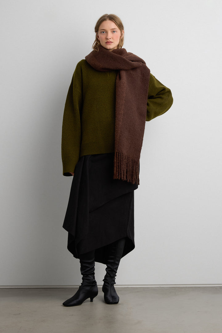 STRIPED BOUCLE SCARF WITH TASSELS in Coffee Bean Stripe — alternate angle