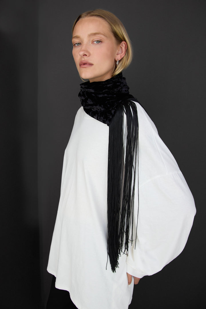 VELVET FRINGE SCARF in Black — alternate angle