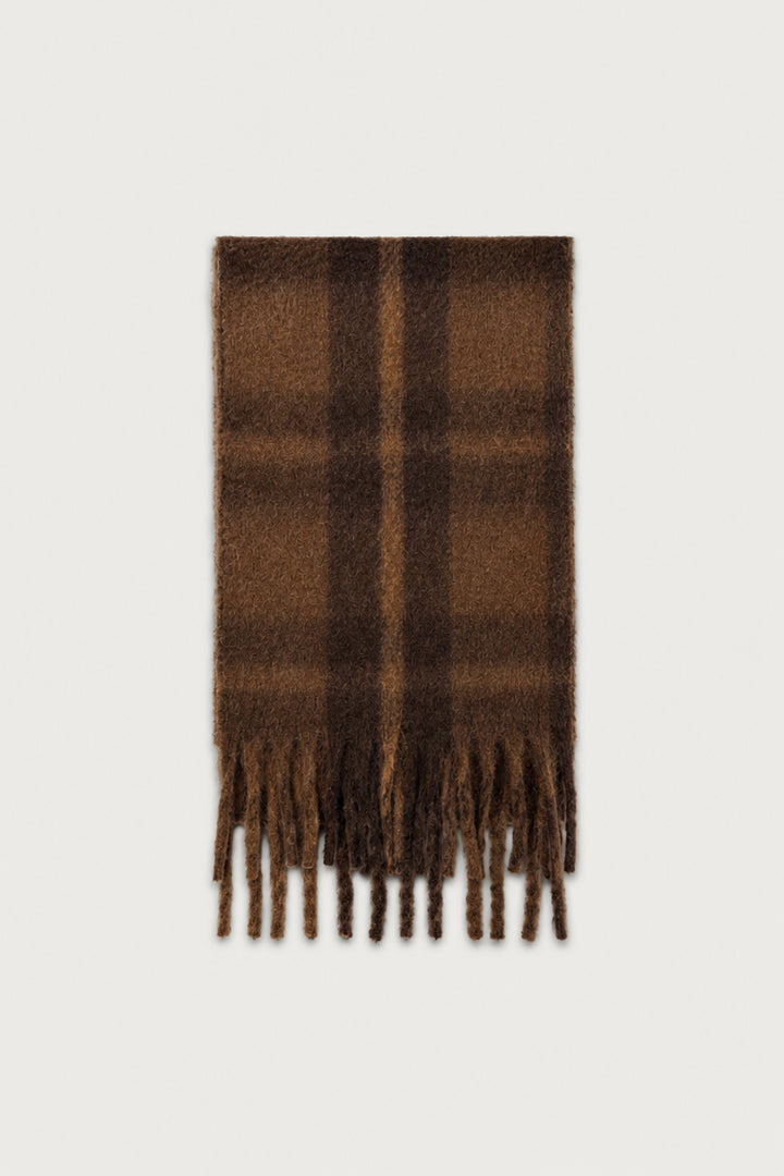PATTERNED SCARF WITH TASSELS in Coffee Bean Plaid — alternate angle