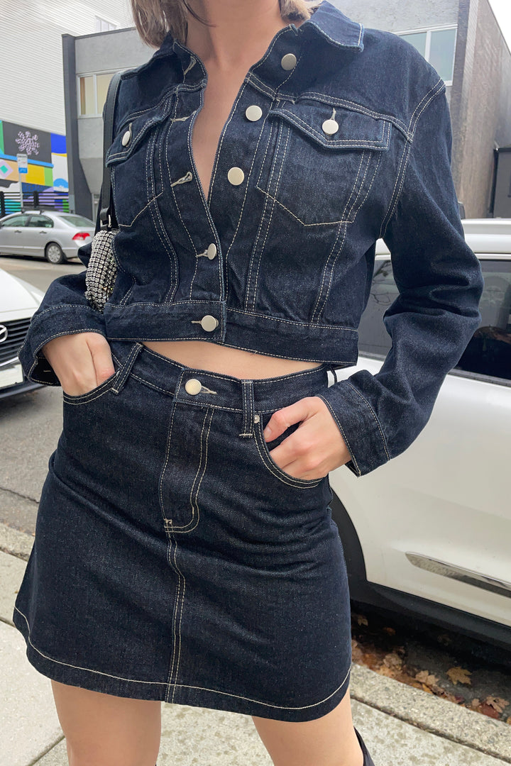 DENIM JACKET AND SKIRT SET in Dark Wash — alternate angle