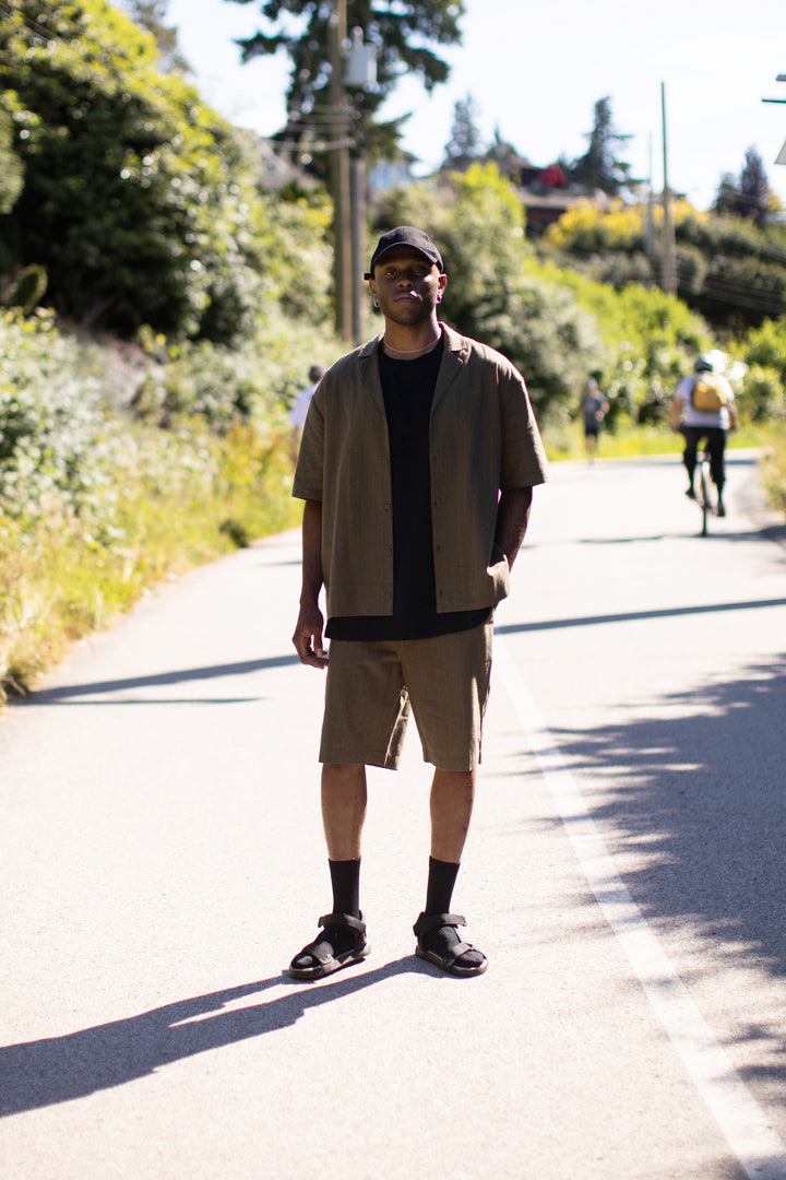 STRIPED LINEN SHORTS in Khaki Stripe — alternate angle