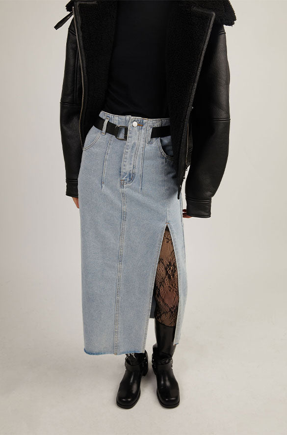 BELTED JEAN MIDI SKIRT in Light Wash — alternate angle