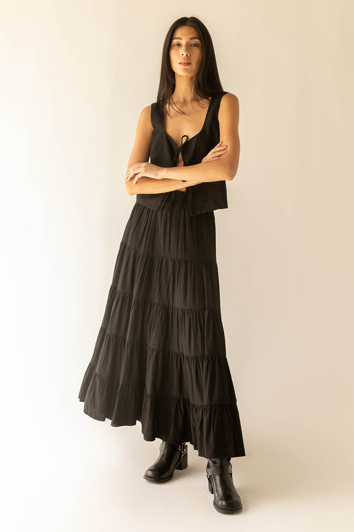 TIERED SKIRT WITH ELASTIC WAISTBAND in Black — alternate angle