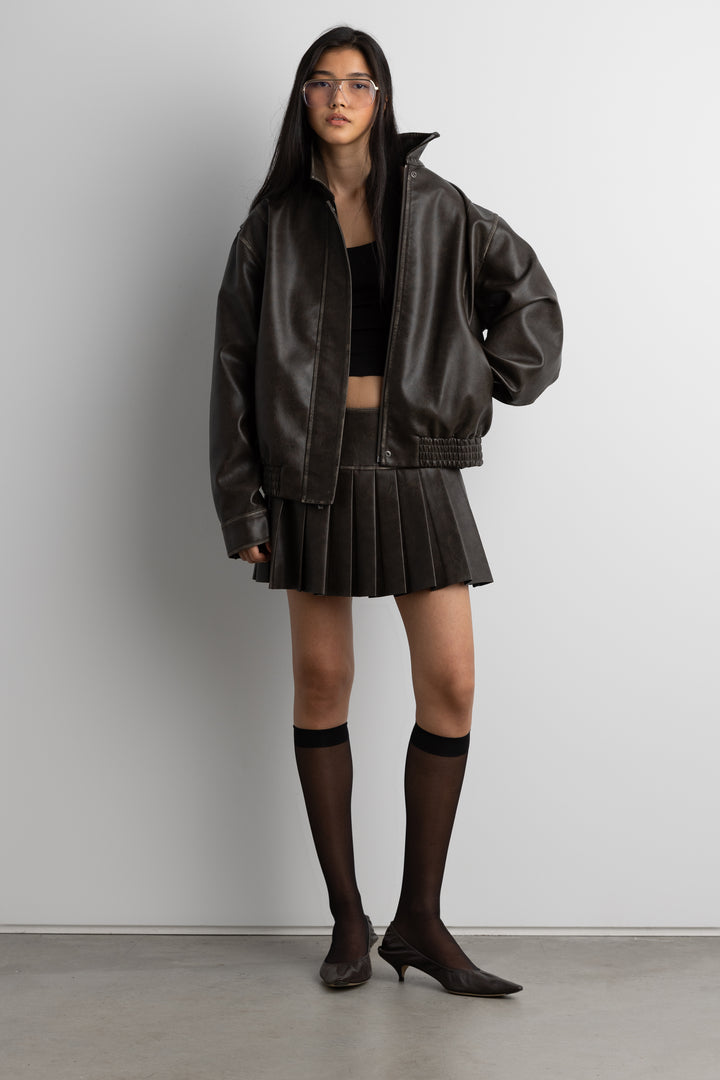 VEGAN LEATHER PLEATED MINI SKORT in Vintage Brown — alternate angle