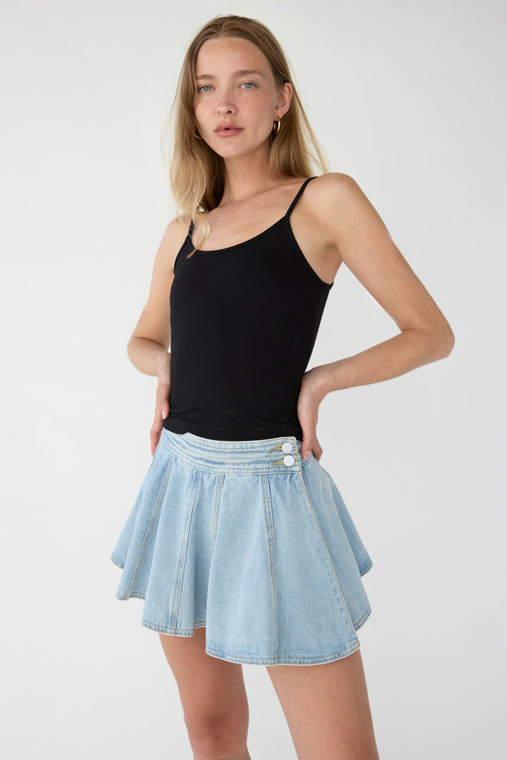PLEATED DENIM MINI SKORT in Light Blue — alternate angle