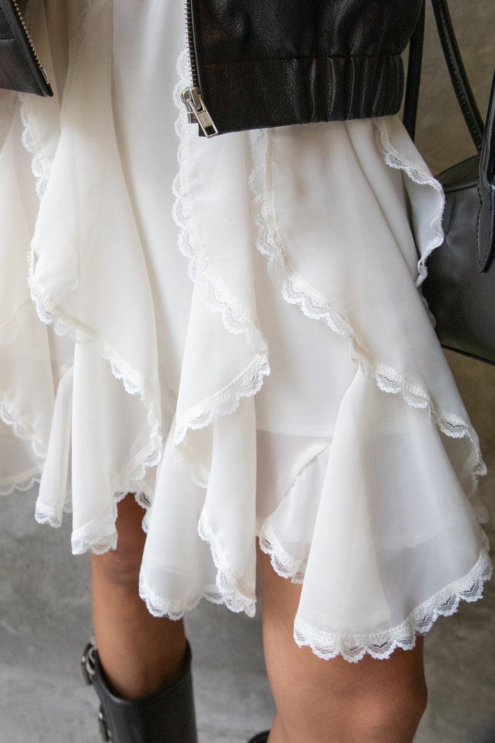 LACE RUFFLE MINI SKIRT in Ivory — alternate angle
