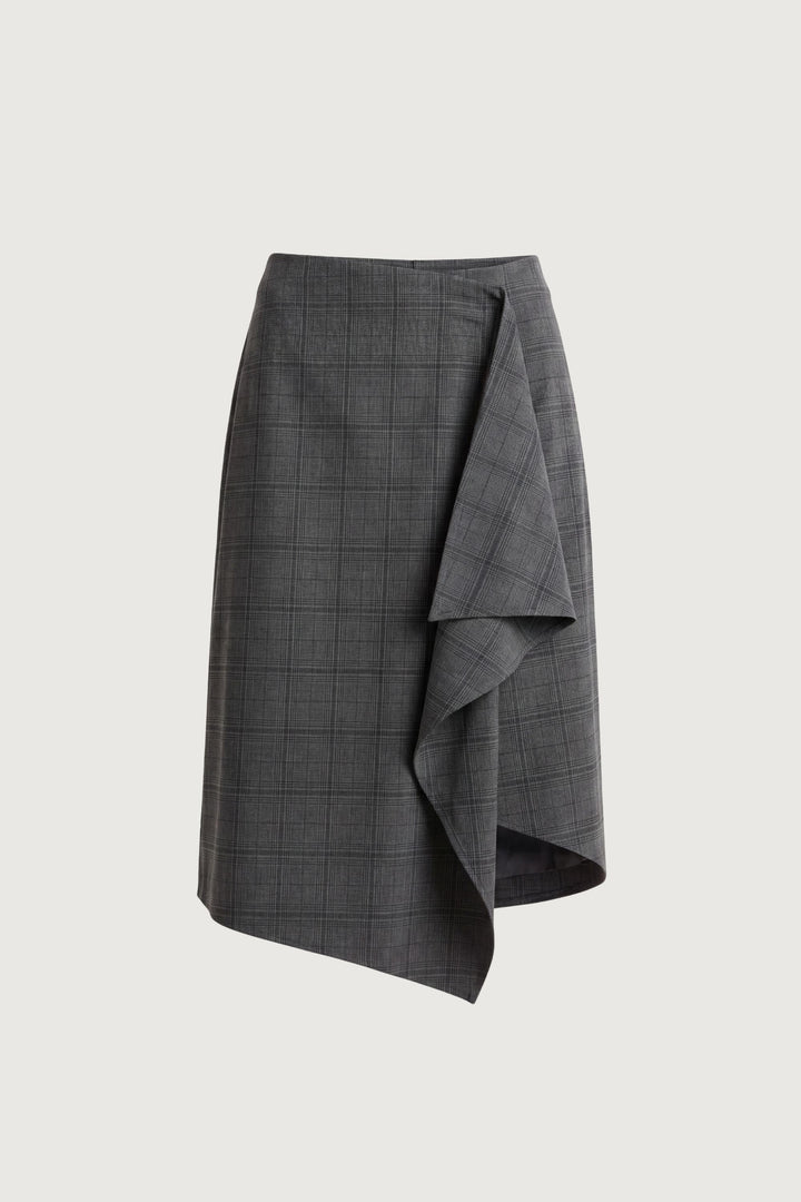 WOVEN PRINT MIDI SKIRT WITH ASYMMETRIC HEM in Grey Plaid — alternate angle