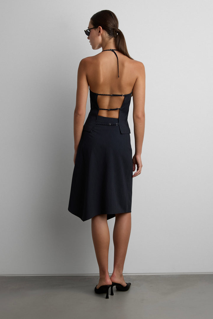 WOVEN PRINT MIDI SKIRT WITH ASYMMETRIC HEM in Navy Pinstripe — alternate angle