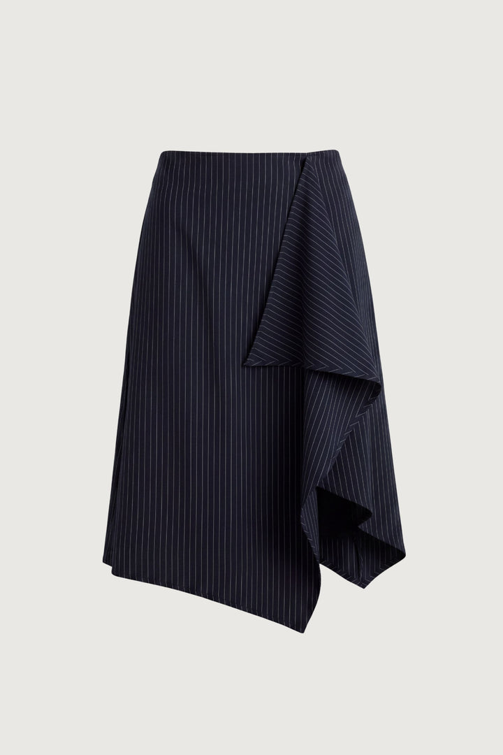 WOVEN PRINT MIDI SKIRT WITH ASYMMETRIC HEM in Navy Pinstripe — alternate angle