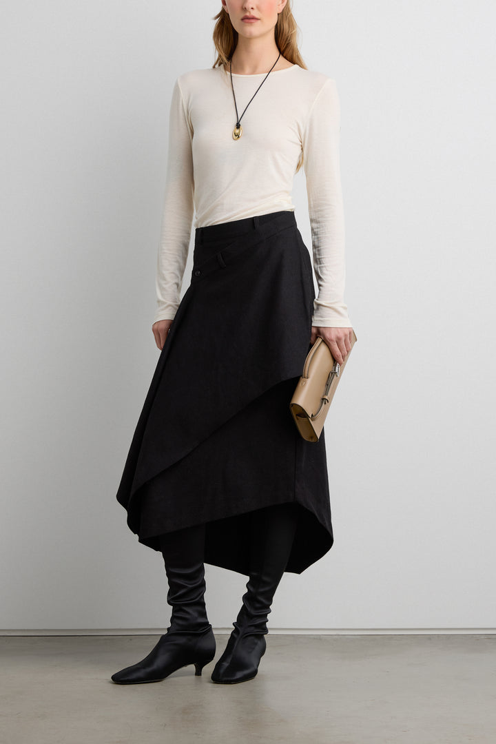 ASYMMETRICAL MIDI WRAP SKIRT in Black — alternate angle