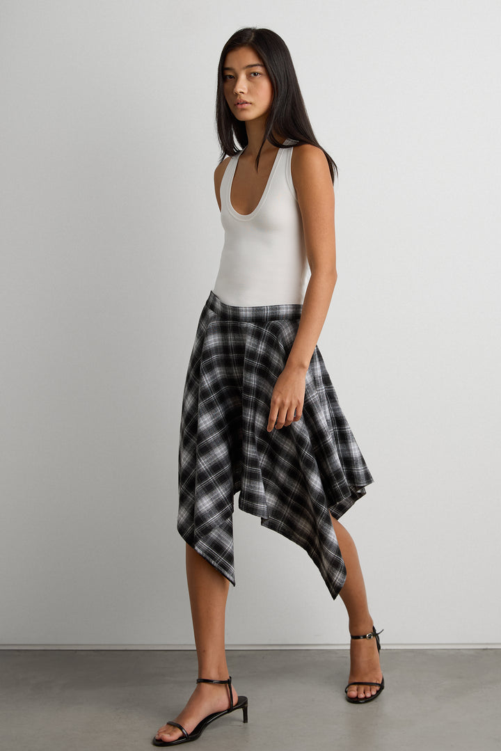 ASYMMETRICAL DRAPED PLAID MINI SKIRT in Black Plaid — alternate angle
