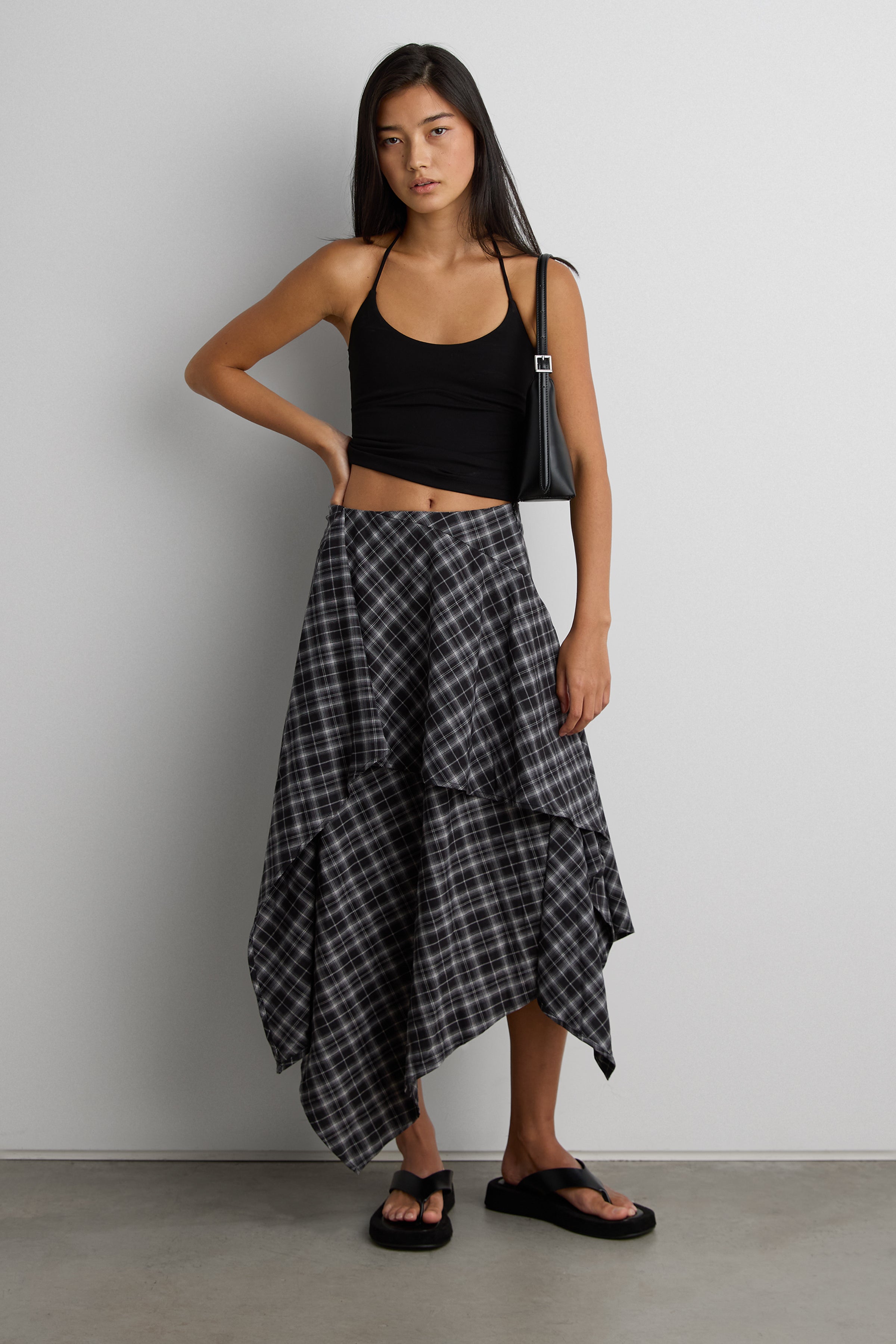 Asymmetrical Draped Plaid Midi Skirt | OAK + FORT | OAK + FORT