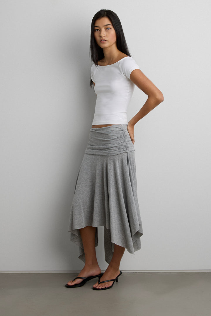 JERSEY MIDI SKIRT WITH SIDE RUCHING in Melange Grey — alternate angle