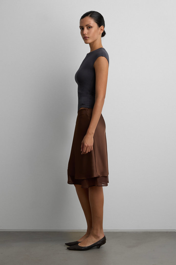 LAYERED SHEER HEM SLIP SKIRT in Brown — alternate angle