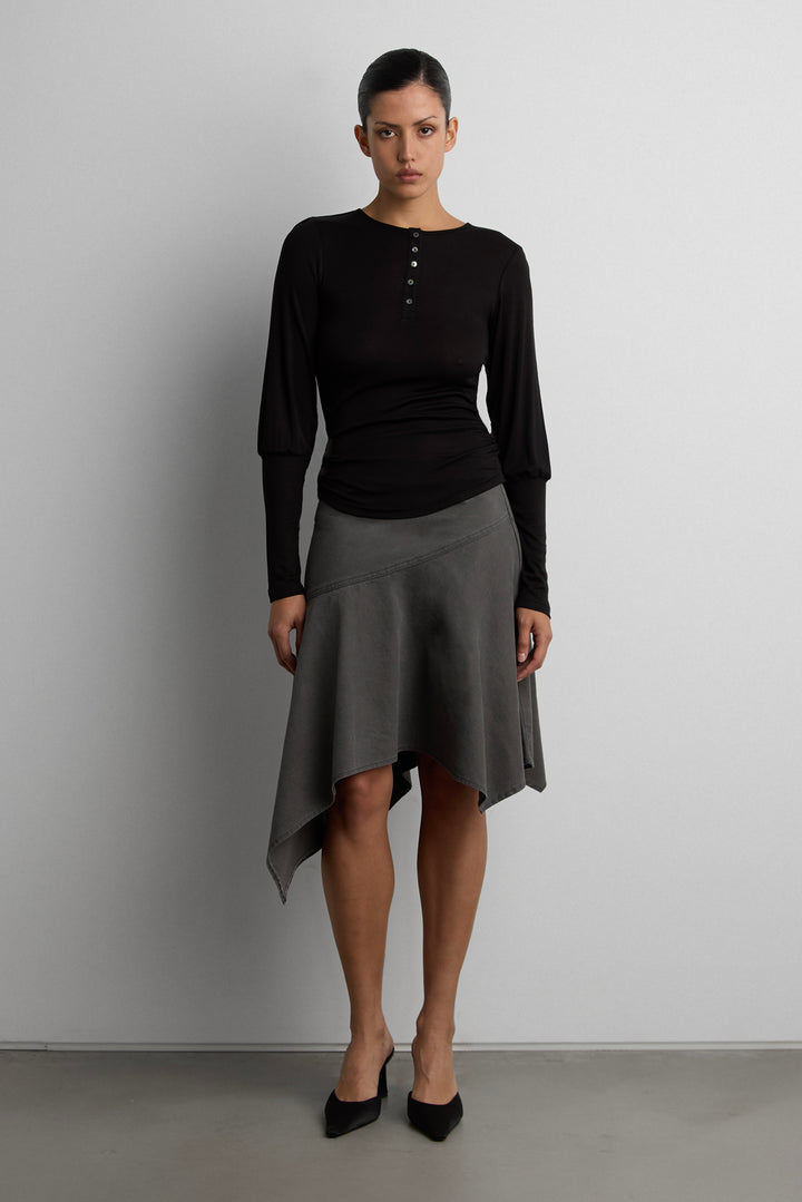ASYMMETRICAL GODET MINI SKIRT in Charcoal — alternate angle