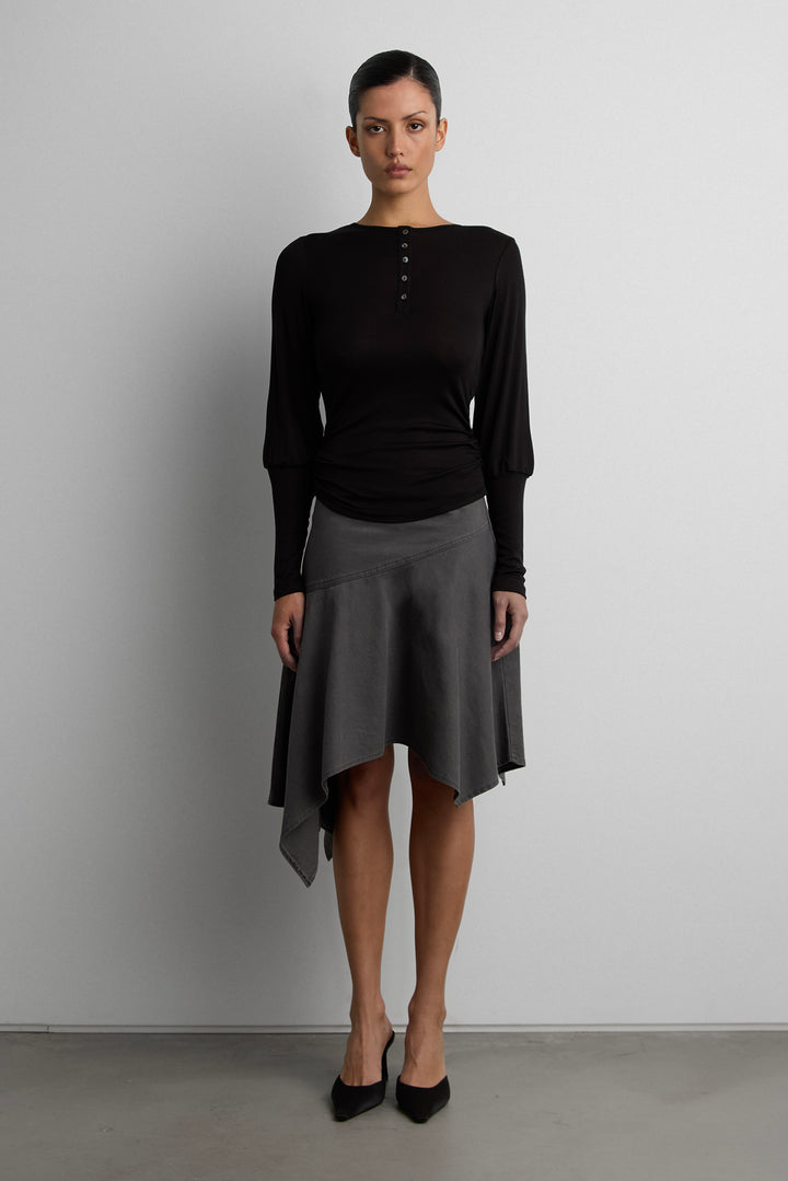 ASYMMETRICAL GODET MINI SKIRT in Charcoal — alternate angle