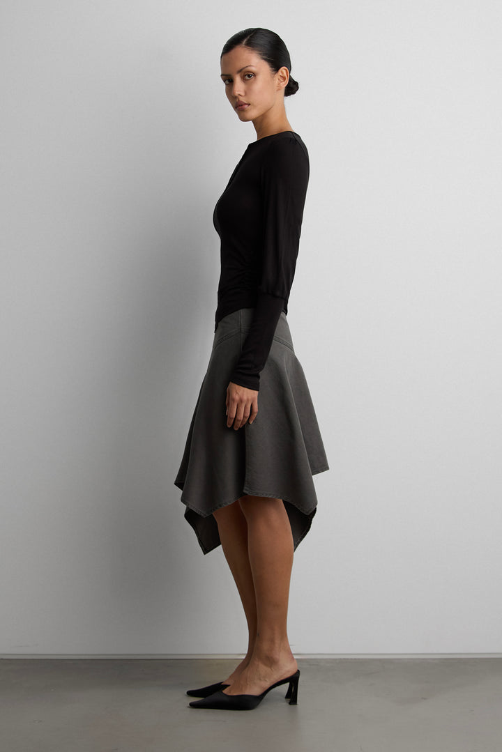 ASYMMETRICAL GODET MINI SKIRT in Charcoal — alternate angle