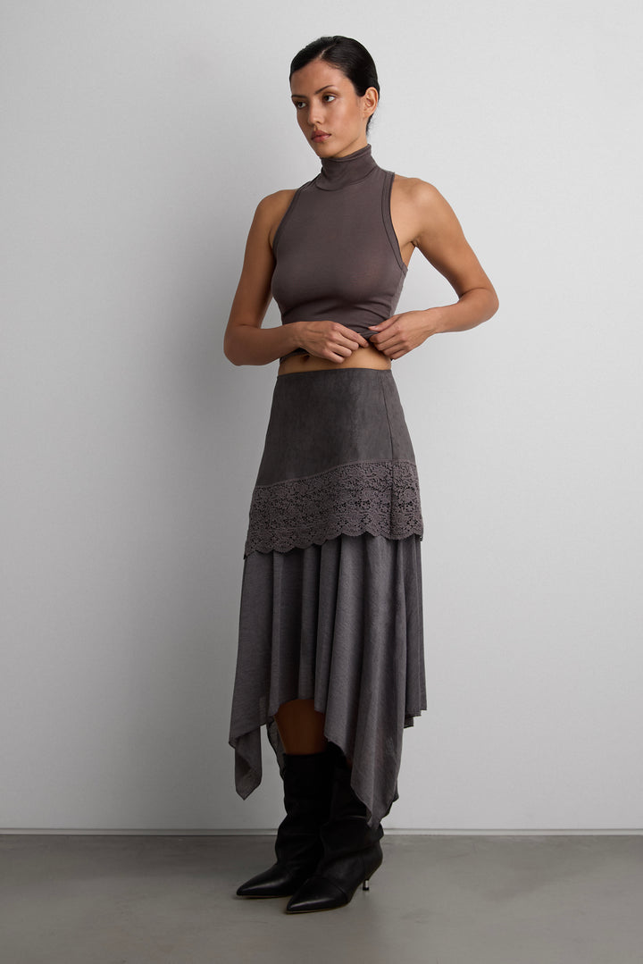 VEGAN SUEDE LACE-HEM ASYMMETRICAL MIDI SKIRT in Charcoal — alternate angle