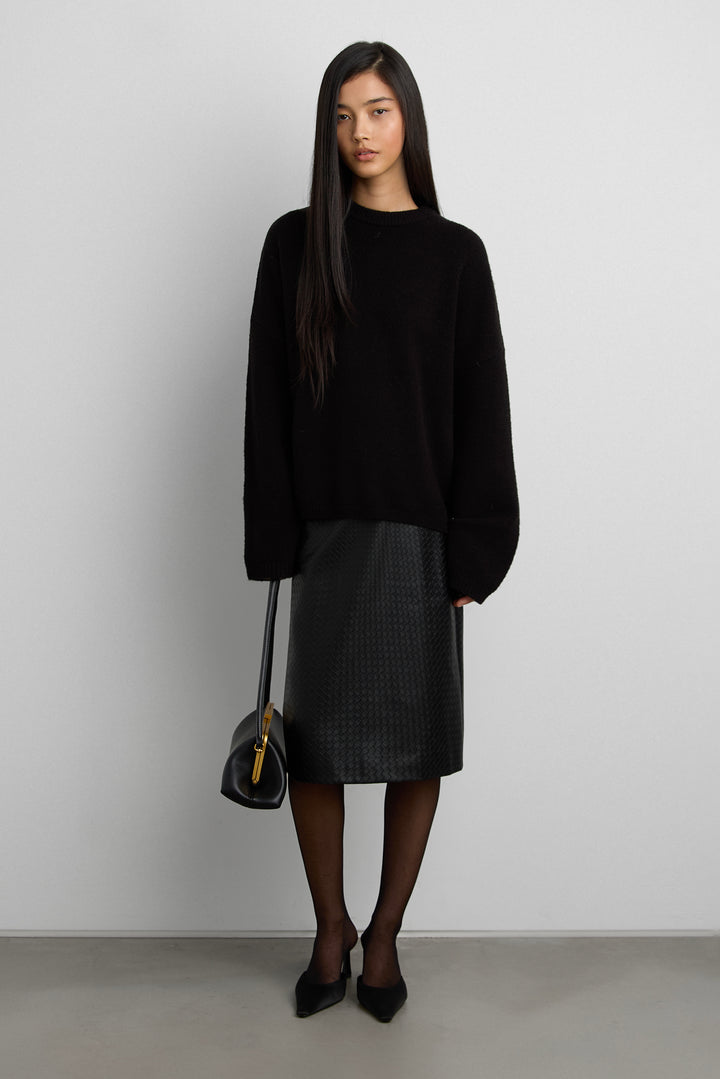 TEXTURED VEGAN LEATHER MIDI PENCIL SKIRT in Black — alternate angle