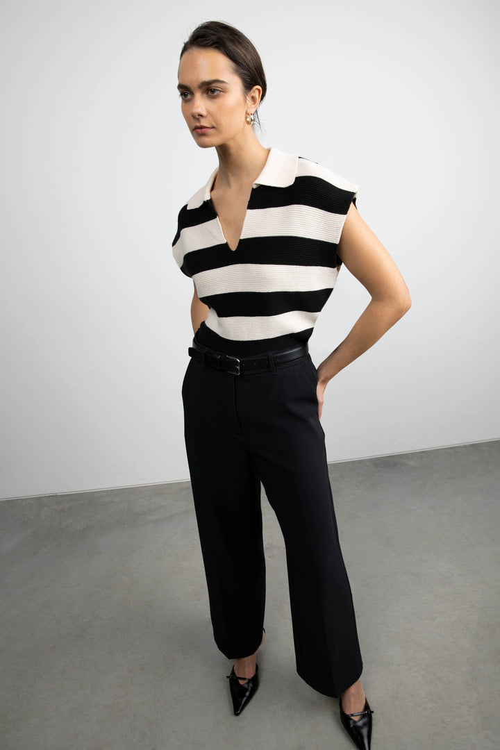 CROPPED STRIPED COLLARED SWEATER in Cream Black — alternate angle