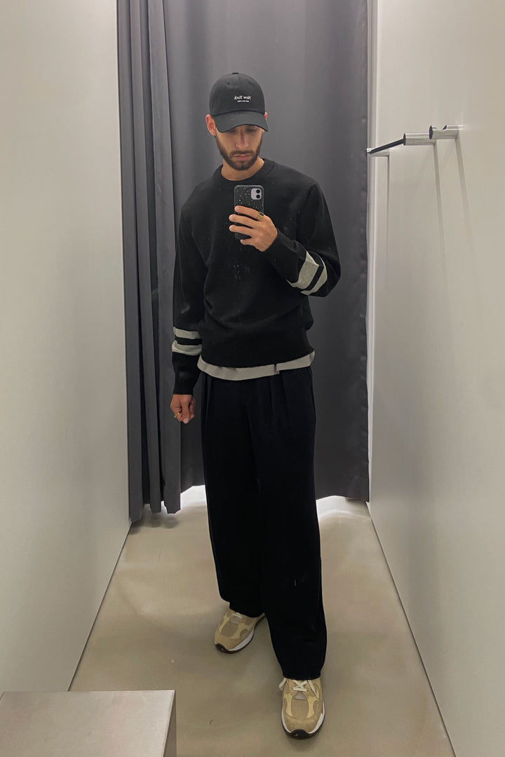 STRIPED SLEEVE SWEATER in Black Gray — alternate angle