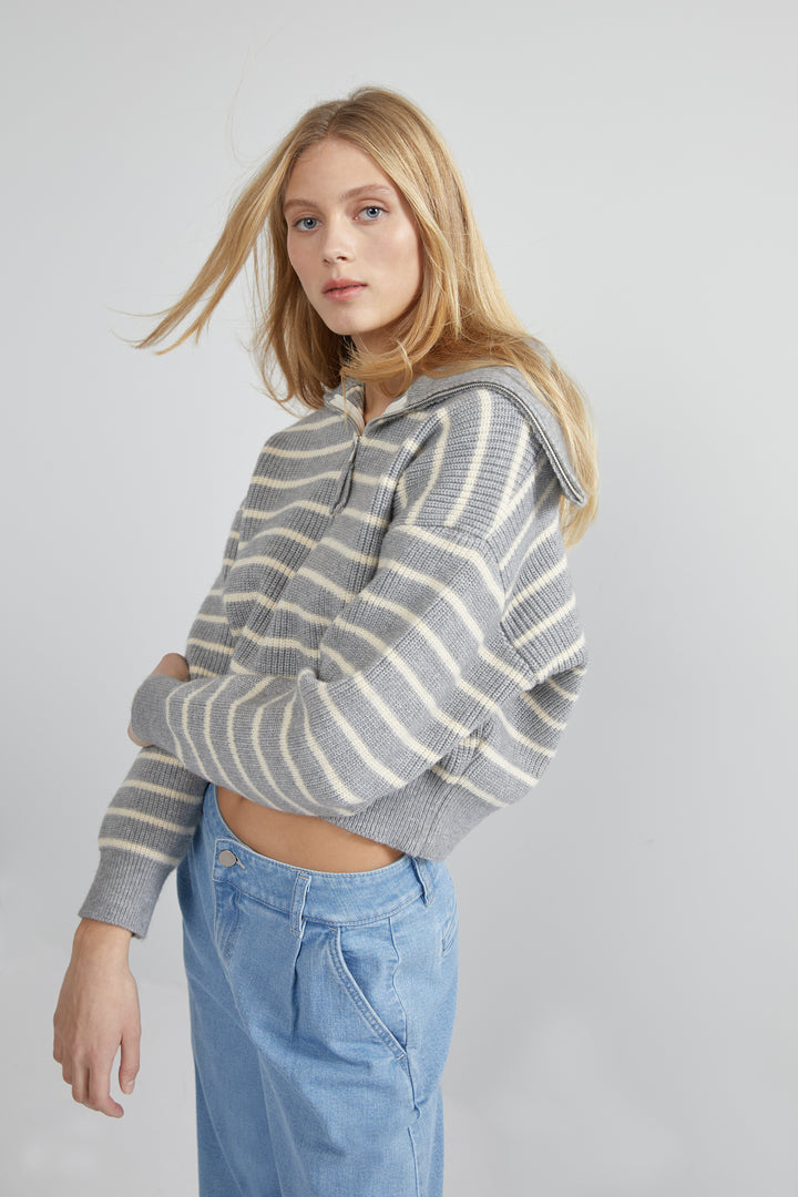 STRIPED HALF ZIP SWEATER in Gray Stripe — alternate angle