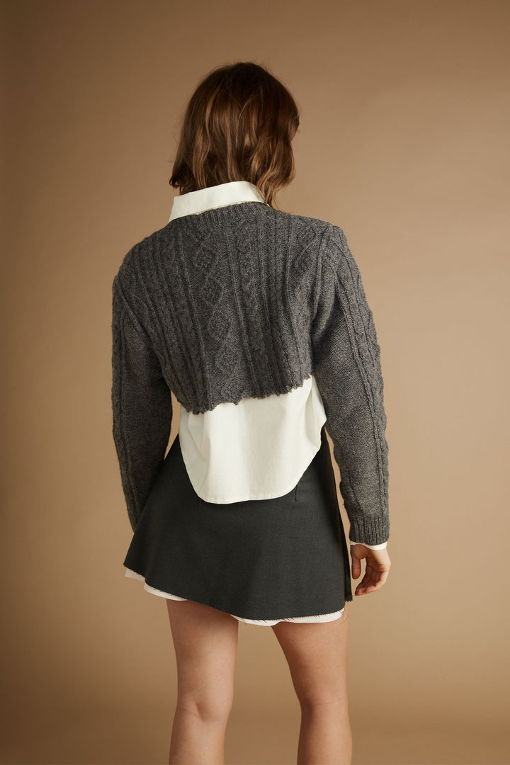 CROPPED CABLE KNIT SWEATER in GREY — alternate angle