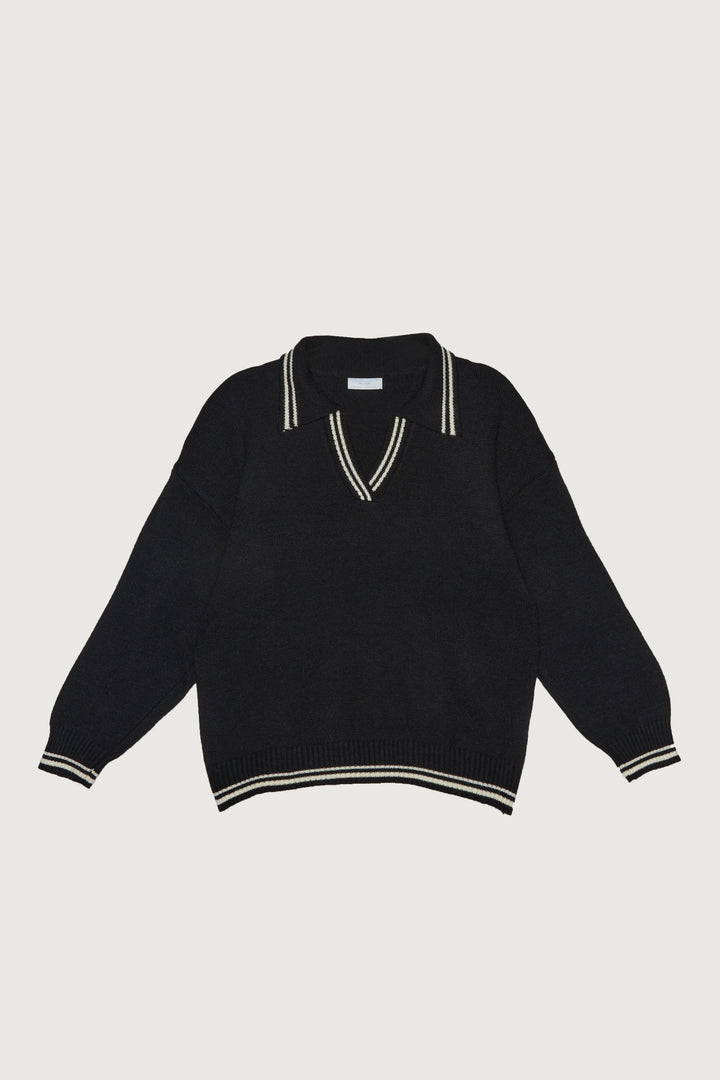 CONTRAST TRIM COLLARED SWEATER in Black — alternate angle