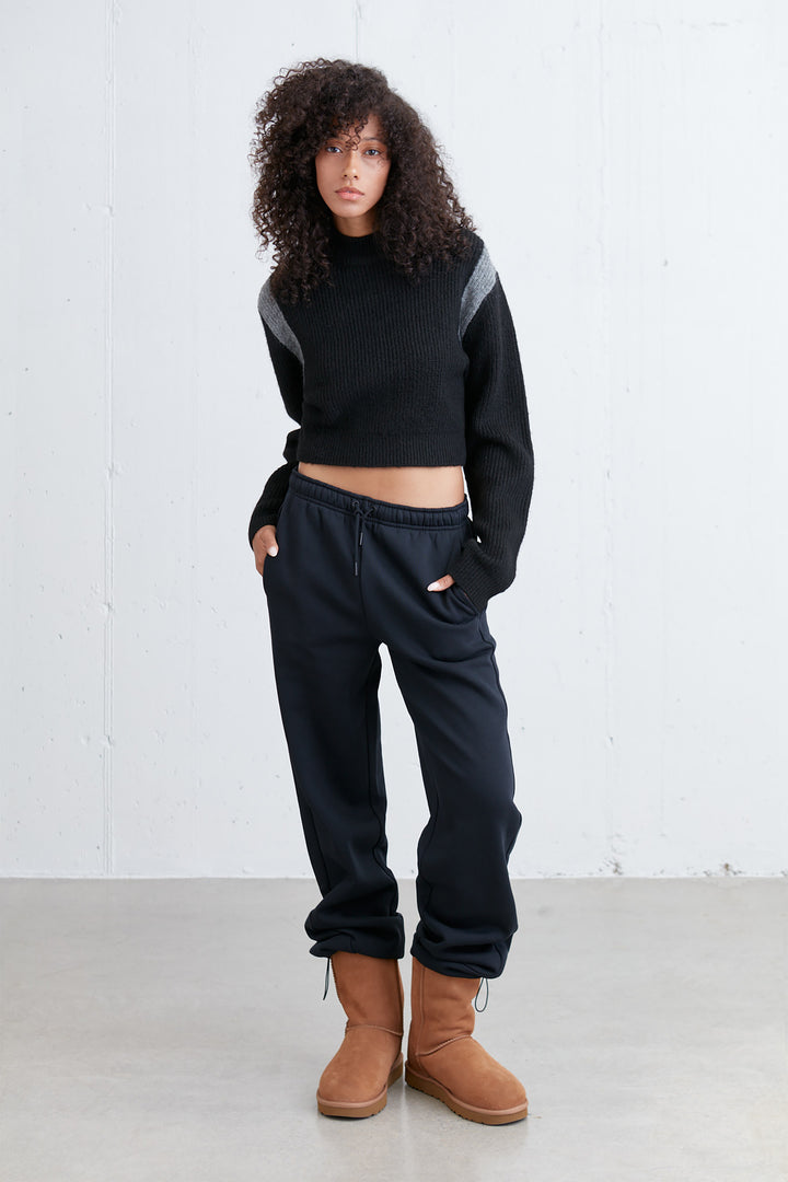 CROPPED SHOULDER CONTRAST SWEATER in Black Dark Heather Grey — alternate angle