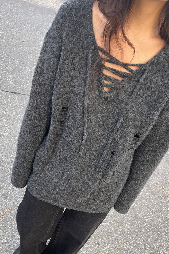 LACE-UP DISTRESSED SWEATER in Asphalt — alternate angle