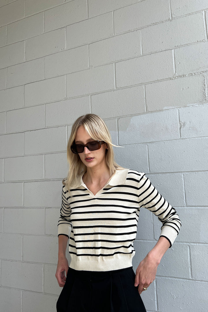 STRIPED COLLARED SWEATER in Black stripe — alternate angle