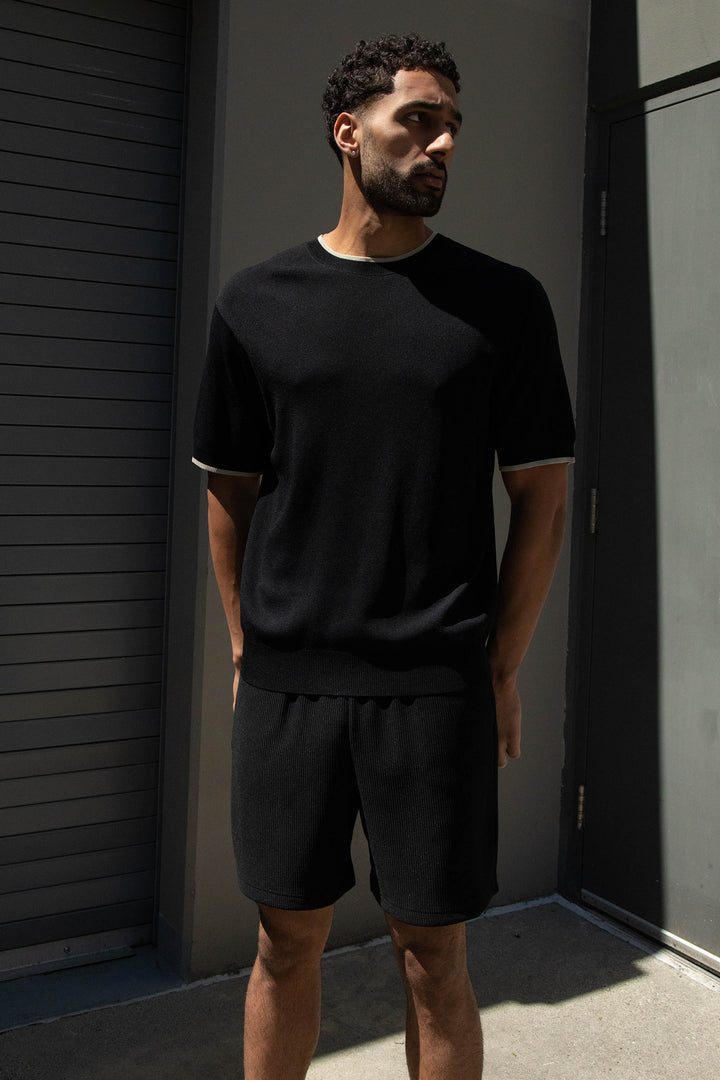 CONTRAST TRIM SHORT SLEEVE SWEATER in Moss Grey Black — alternate angle