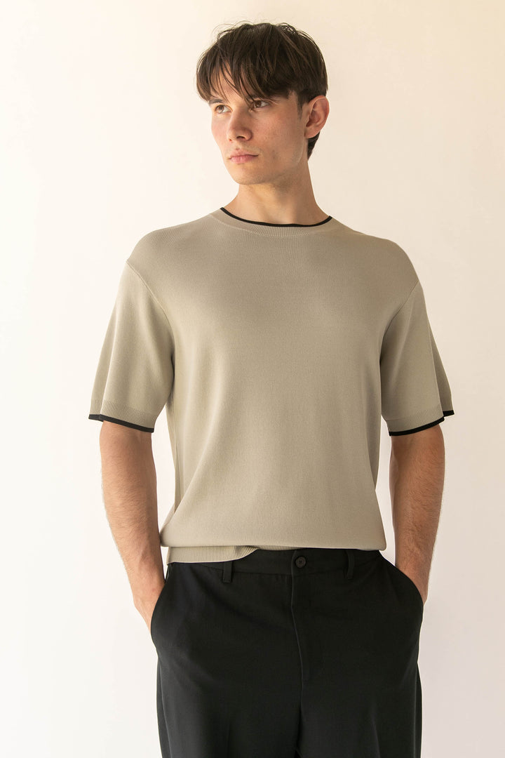 CONTRAST TRIM SHORT SLEEVE SWEATER in Black Moss Grey — alternate angle