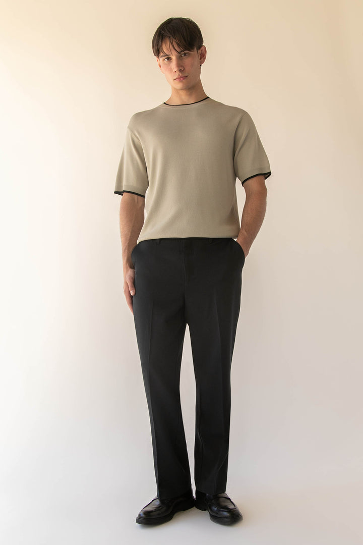 CONTRAST TRIM SHORT SLEEVE SWEATER in Moss Grey Black — alternate angle