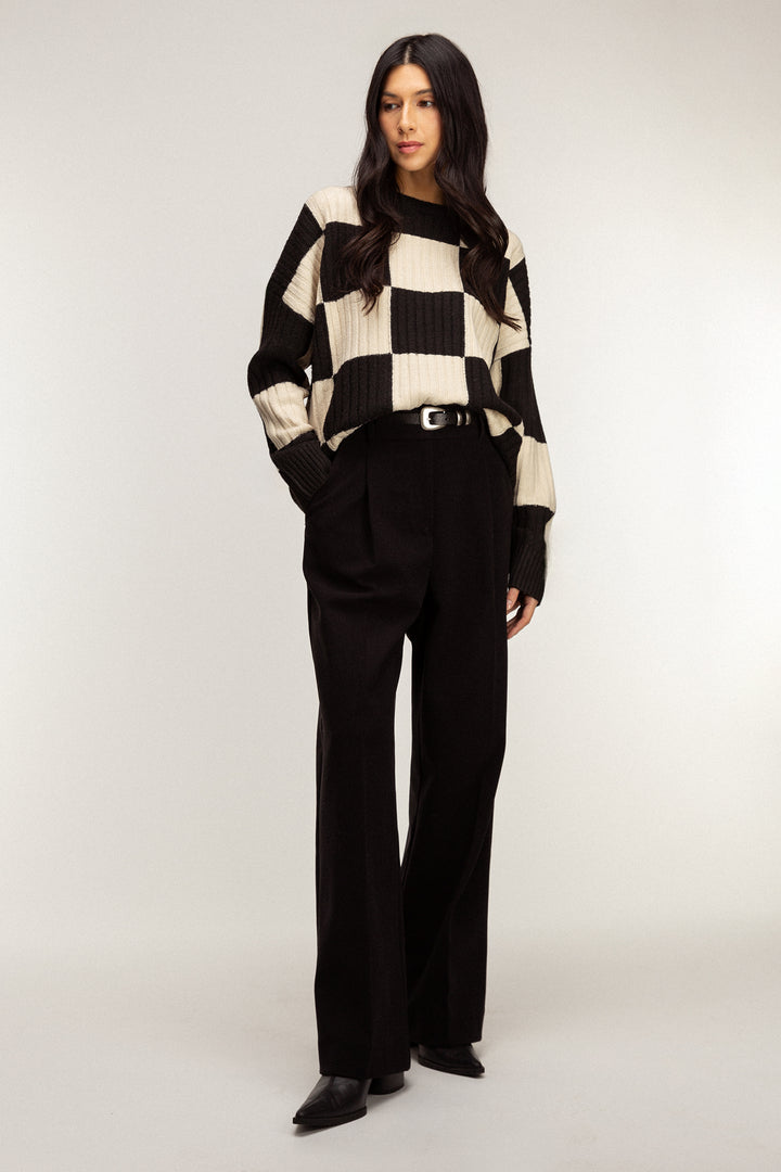 RIB-KNIT CHECKERED SWEATER