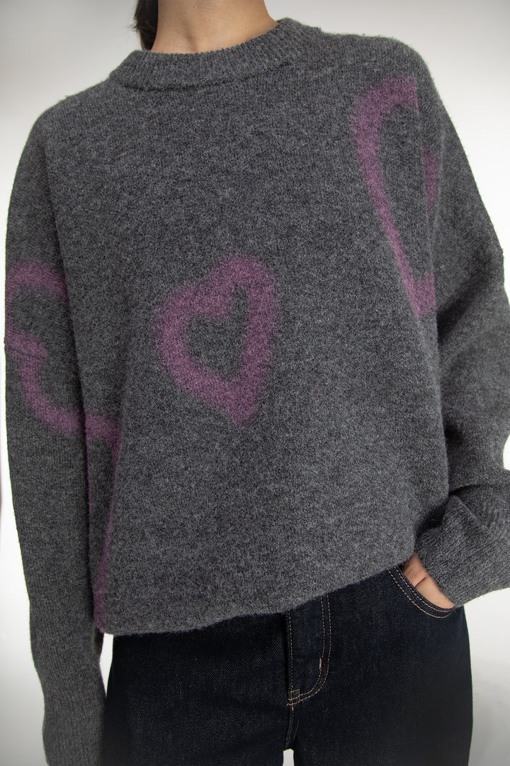 GRAFFITI EFFECT HEART KNIT SWEATER