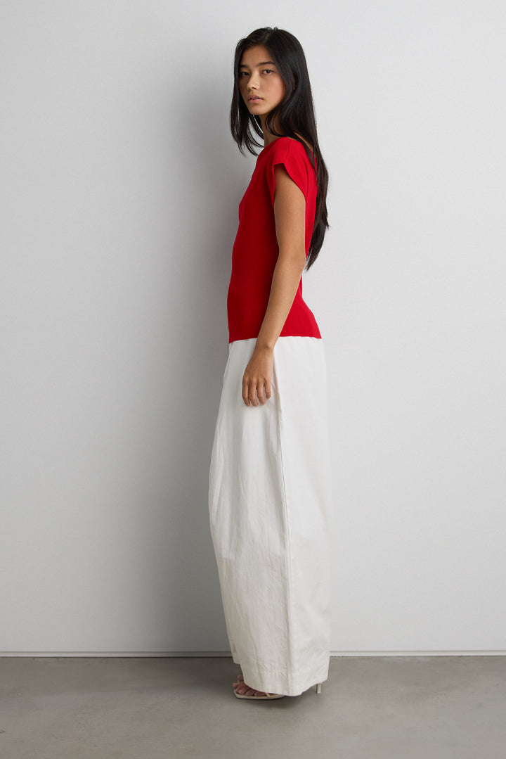 ASYMMETRICAL OFF THE SHOULDER CAP SLEEVE SWEATER in Cherry — alternate angle