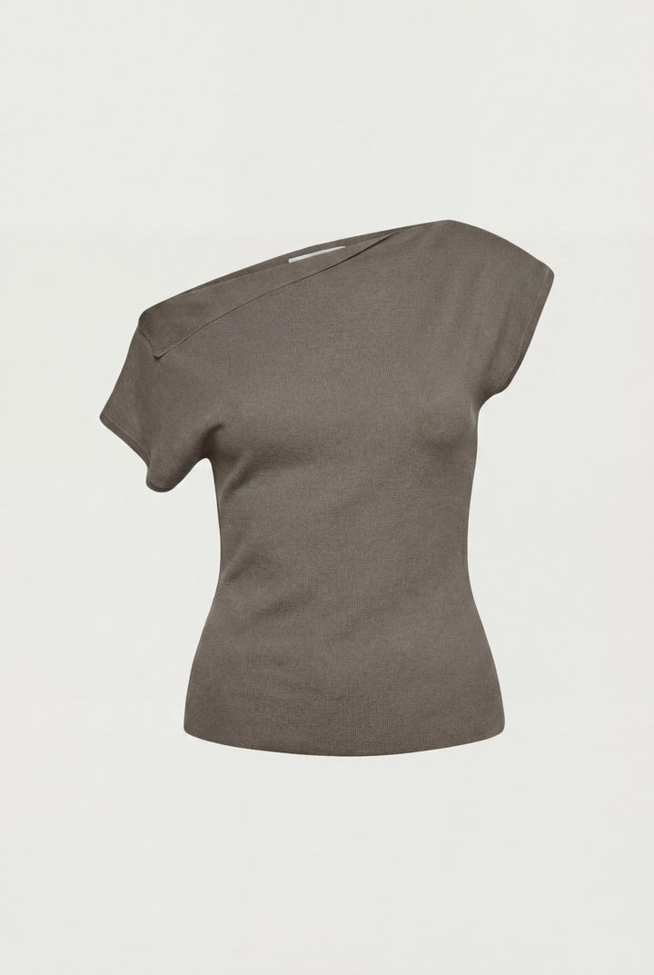 ASYMMETRICAL OFF THE SHOULDER CAP SLEEVE SWEATER in Desert Taupe — alternate angle