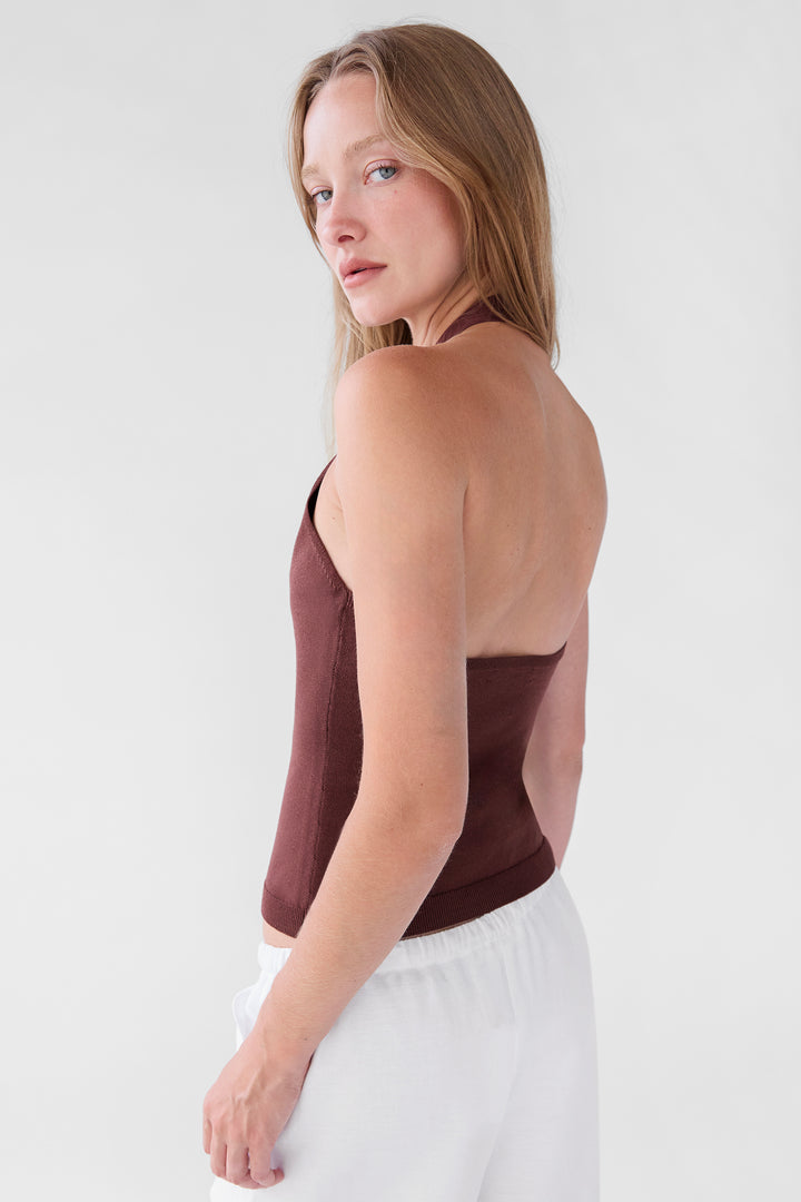 KNIT HALTER BUTTON FRONT TANK in Brown Stone — alternate angle