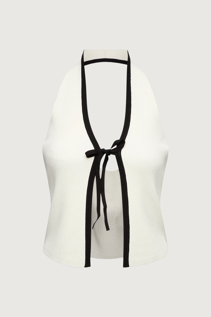 KNIT HALTER TOP WITH CONTRAST BOW in Birch Black — alternate angle