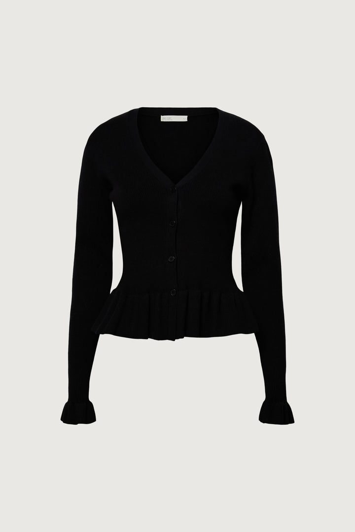 RIB-KNIT RUFFLED BUTTON FRONT CARDIGAN in Black — alternate angle