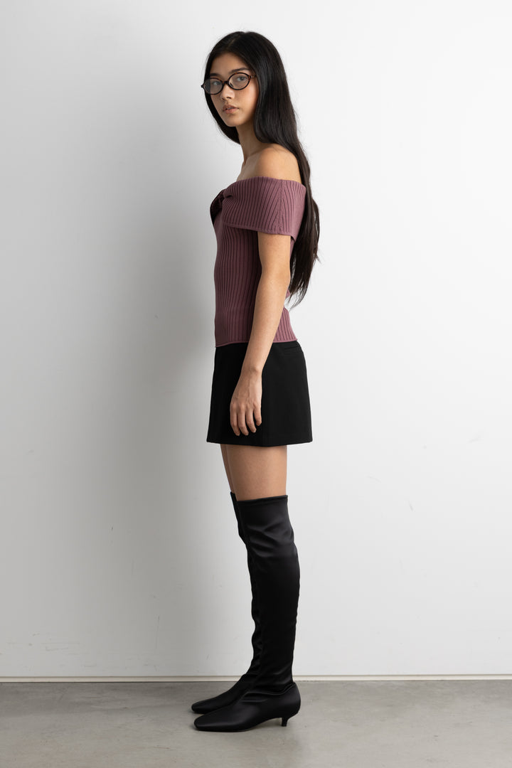 RIBBED TWIST OFF THE SHOULDER TOP in Rose Taupe — alternate angle