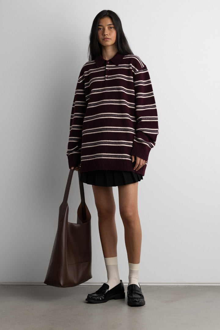 STRIPED LONG SLEEVE POLO SWEATER in Wine Stripe — alternate angle