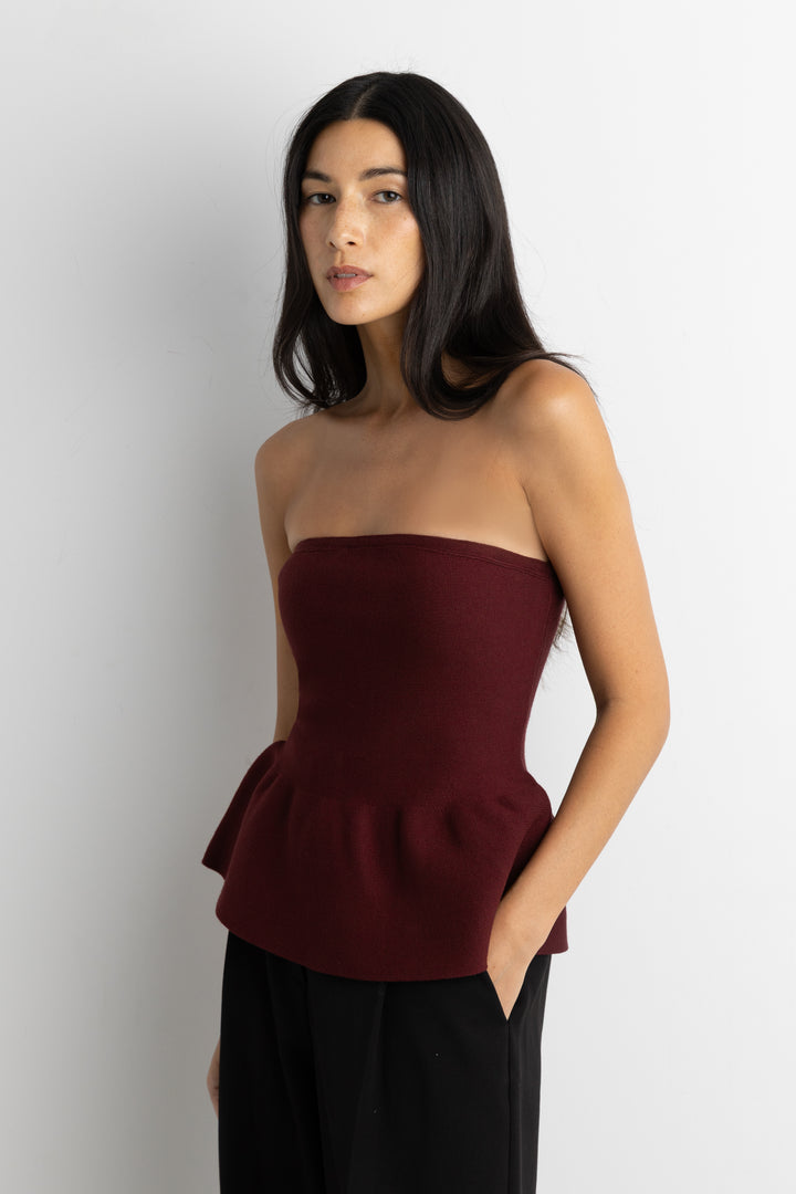 KNIT PEPLUM TUBE TOP in Wine — alternate angle