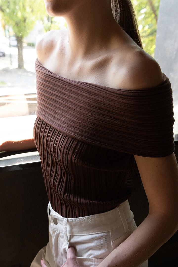 SLOUCHY SHORT SLEEVE OFF THE SHOULDER KNIT SWEATER in Brown Stone — alternate angle