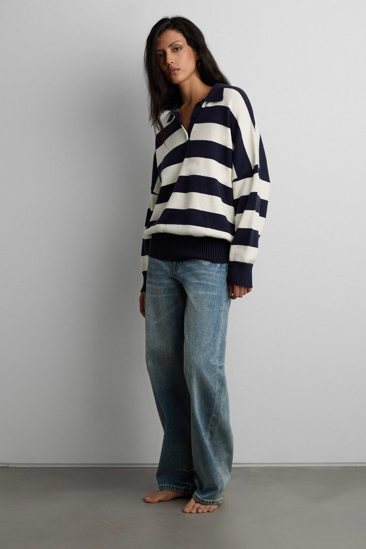 STRIPED RUGBY POLO SWEATER in Navy Cream Stripe — alternate angle