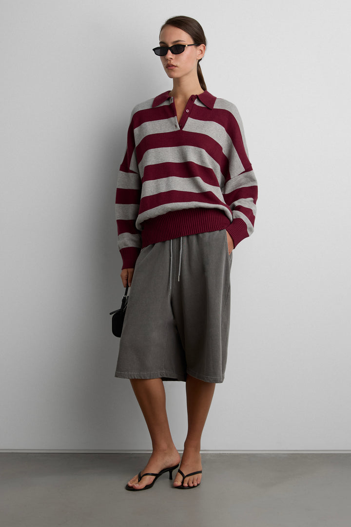 STRIPED RUGBY POLO SWEATER in SYRAH GREY STRIPE — alternate angle